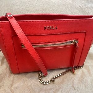 Furla Orange Red Leather Crossbody with Gold Chain